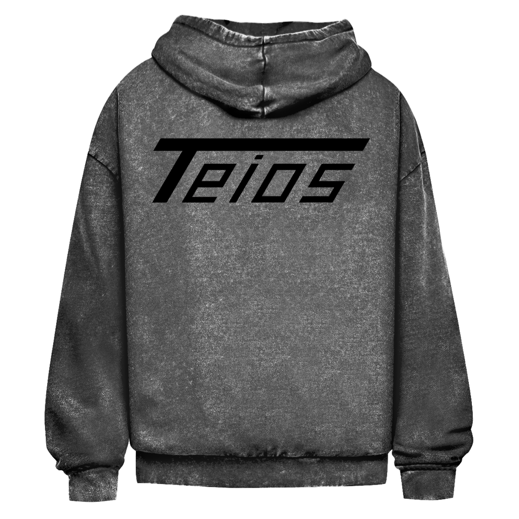 washed hoodie teios black print – frontansicht
