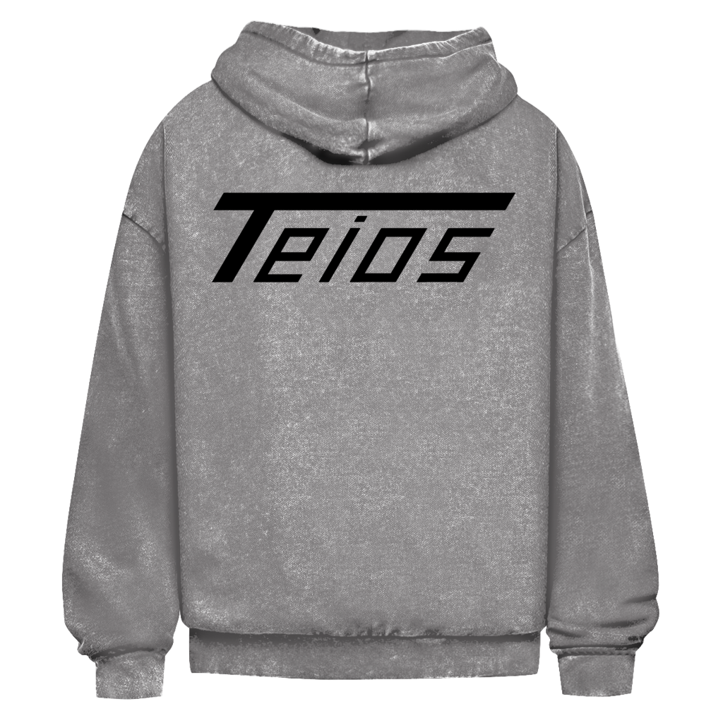 washed hoodie teios black print – detailansicht