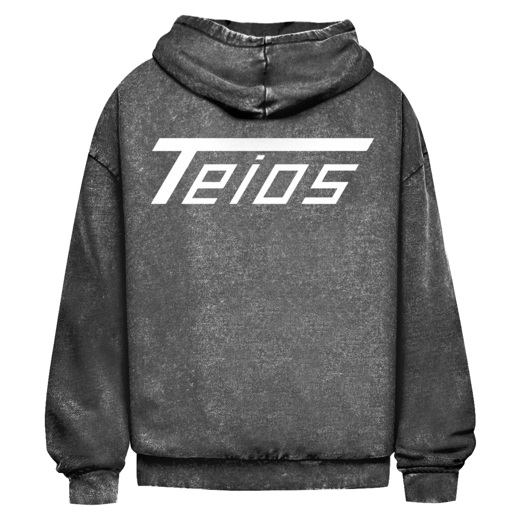 washed hoodie teios white print – detailansicht