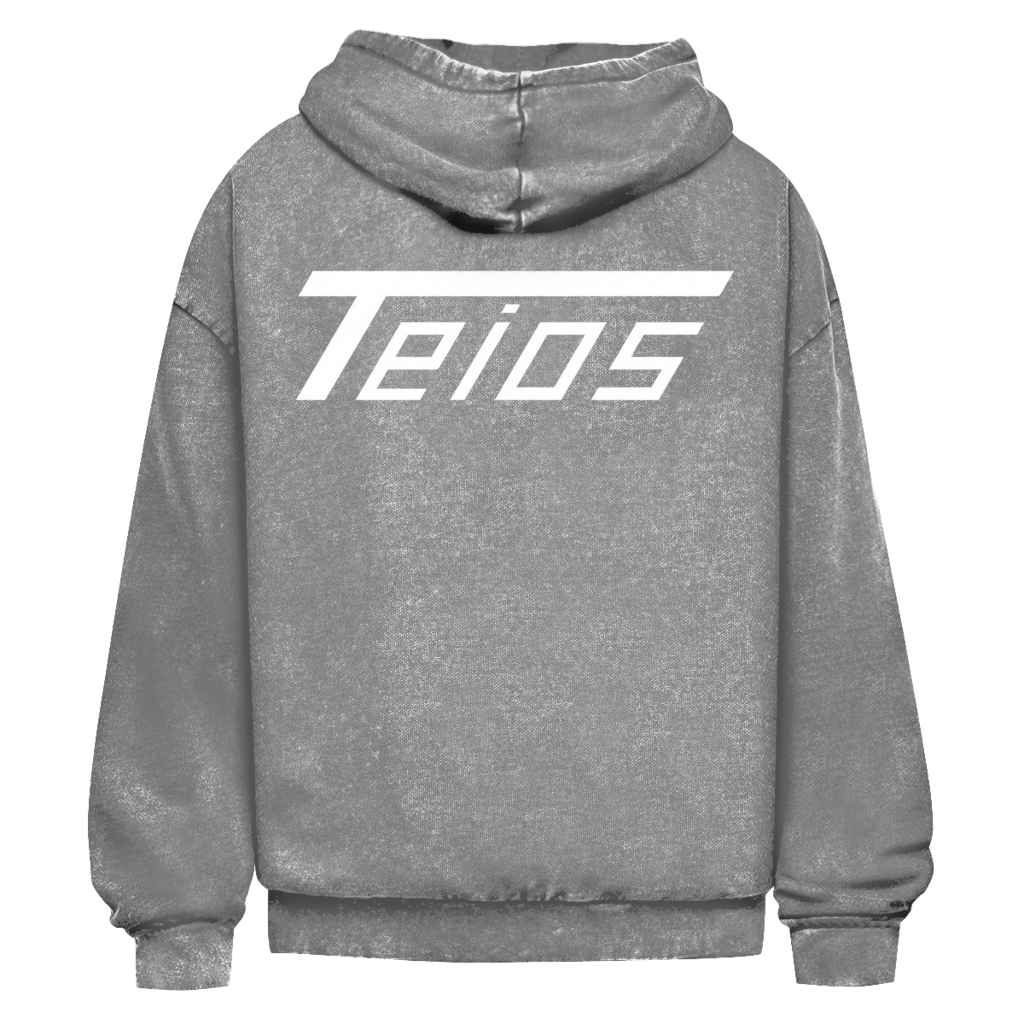 washed hoodie teios white print – frontansicht