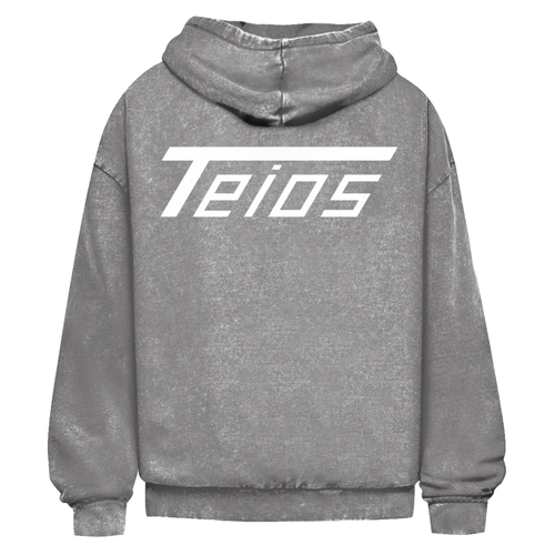 washed hoodie teios white print – frontansicht