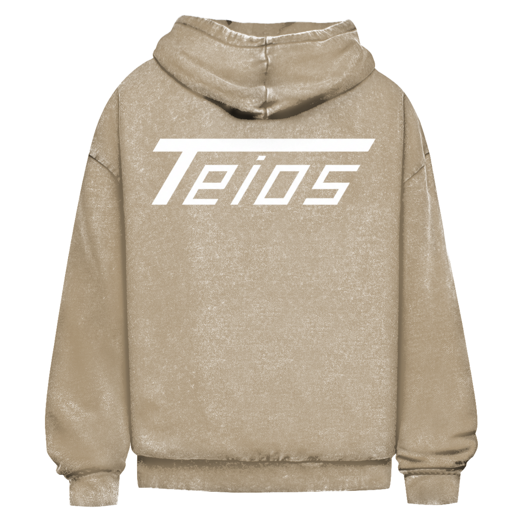 washed hoodie teios white print – close-up 5