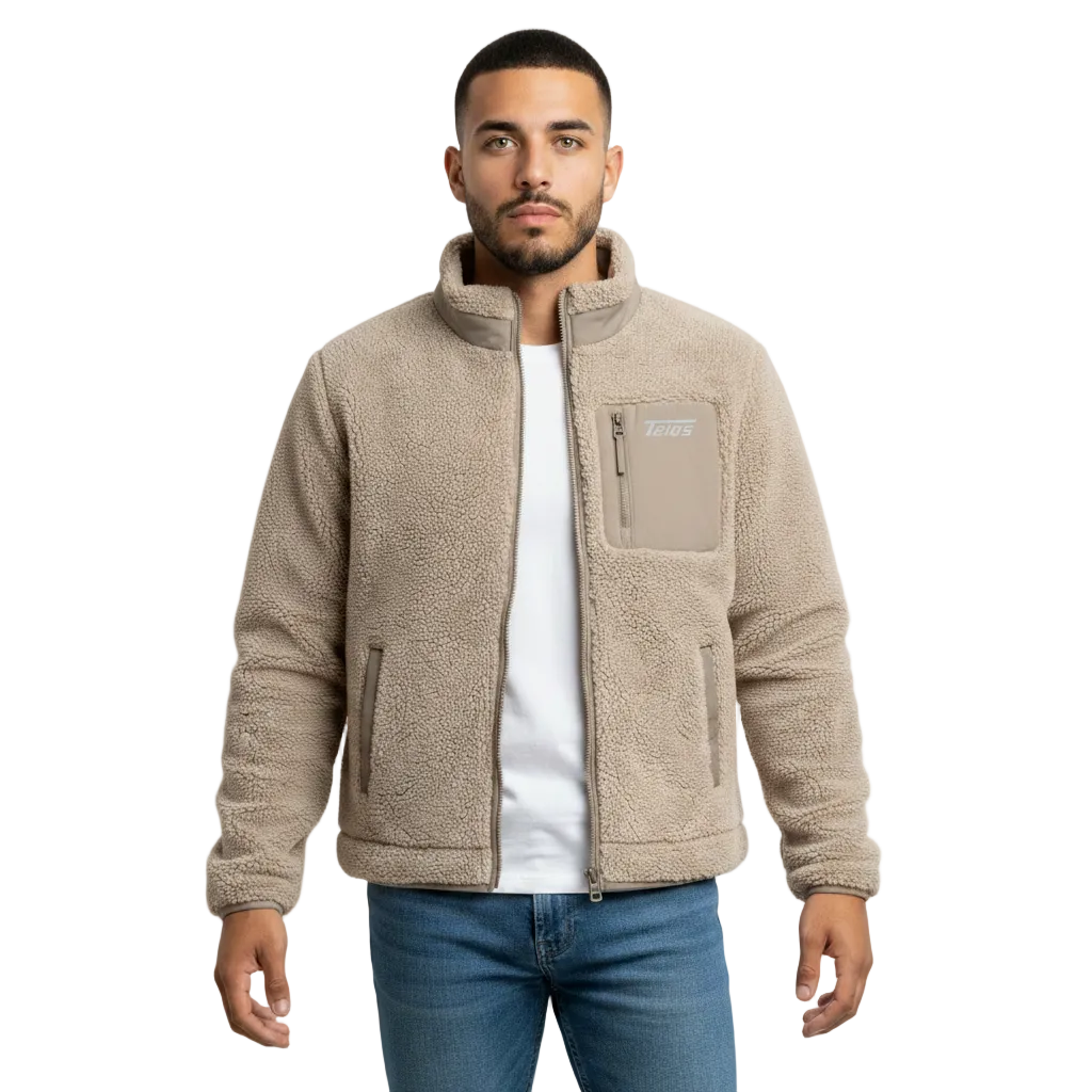 sherpa jacket teios weisser frontprint – seitenansicht