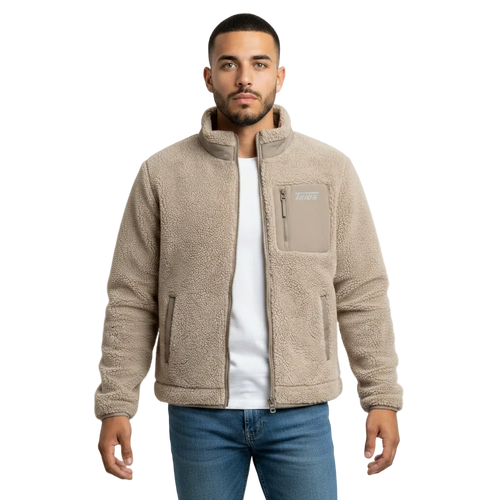 sherpa jacket teios weisser frontprint – seitenansicht